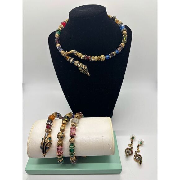 Sweet Romance 3pc Set Wrap serpent snake bracelet necklace earring Swarovksi 14k - Picture 1 of 11